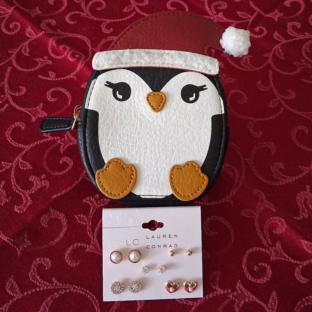 LC Lauren Conrad Penguin Zip Coin Case & 5 Count Stud Earrings Set